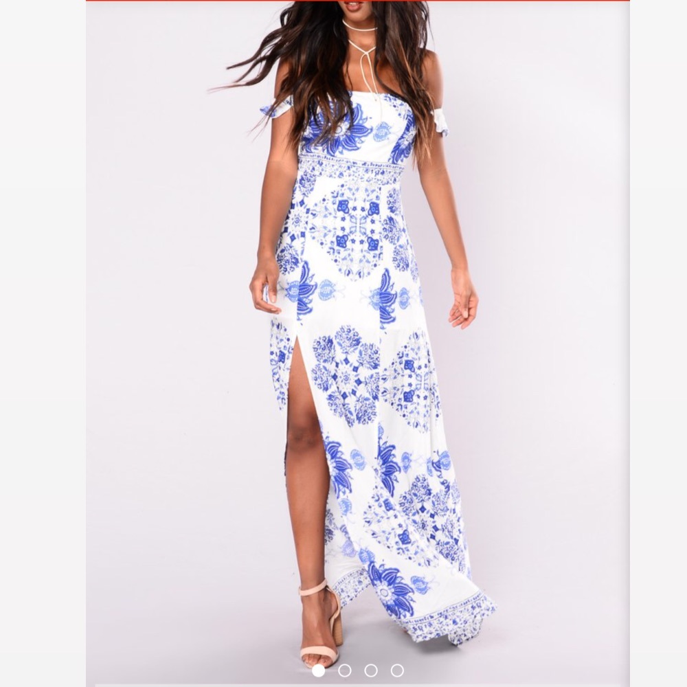 Fashion Nova White and Blue Floral Off-Shoulder Maxi Dress